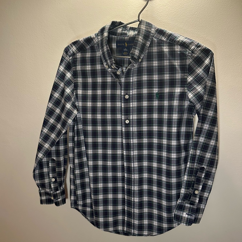 Ralph Lauren Boys M (10-12) blue/green/white plaid long sleeve dress shirt